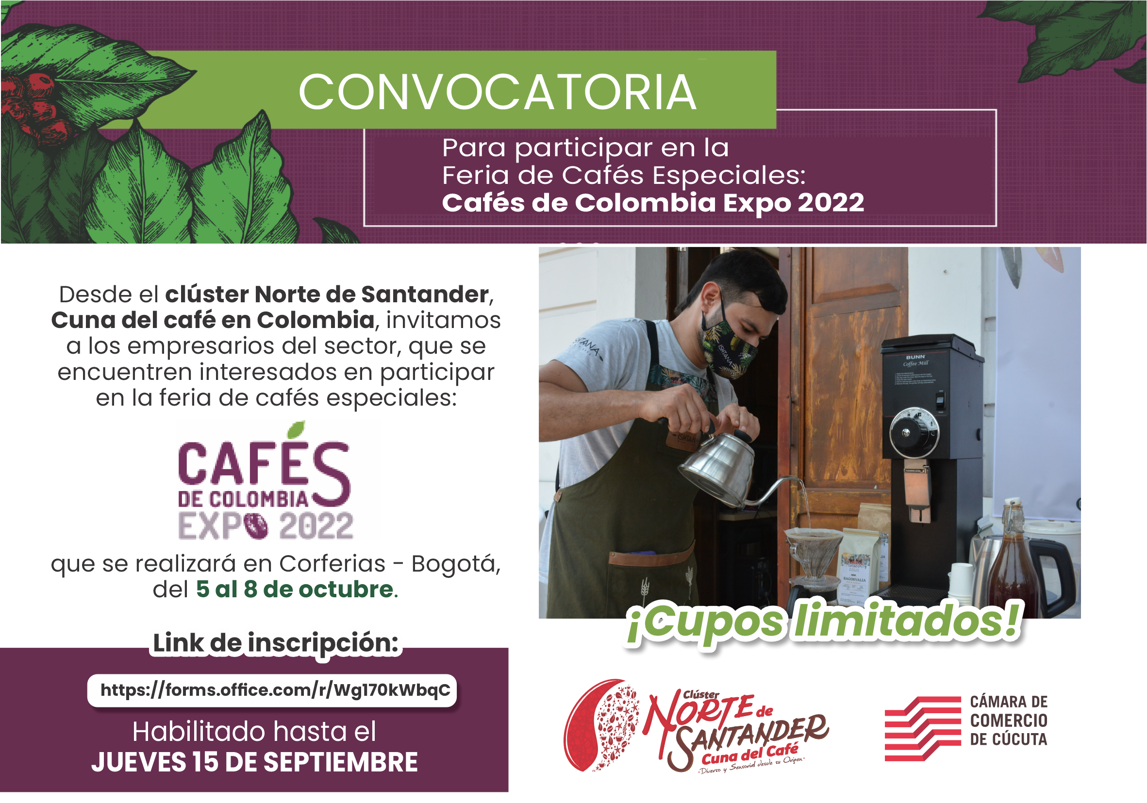 Cupos disponibles para participar en Cafs de Colombia Expo 2022